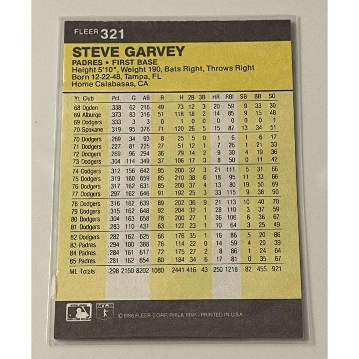 1986 Fleer San Diego Padres baseball card #321 featuring Steve Garvey in Padres uniform holding bat