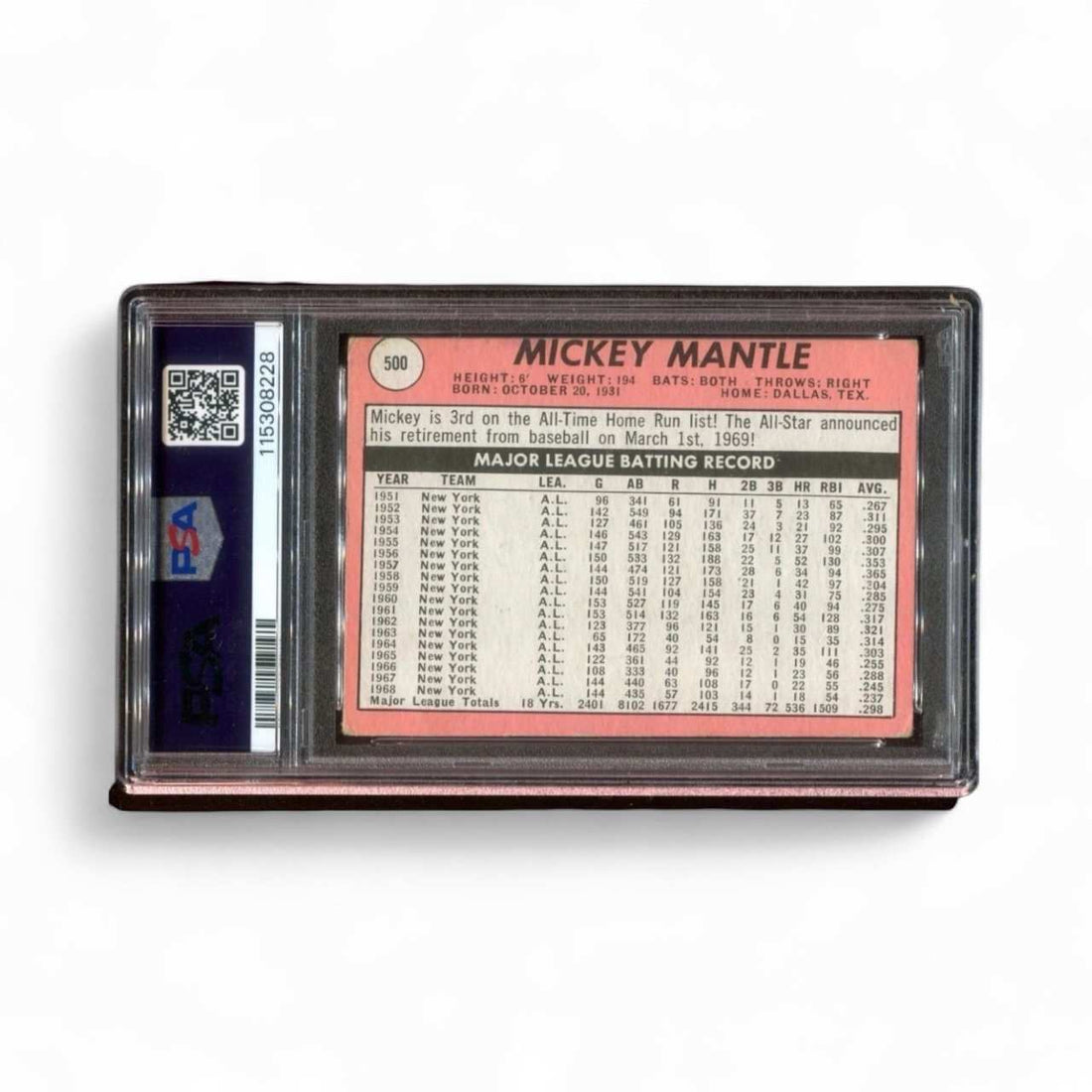 1969 Topps Mickey Mantle Last Name White #500 graded PSA Good 2MC Yankees baseball card