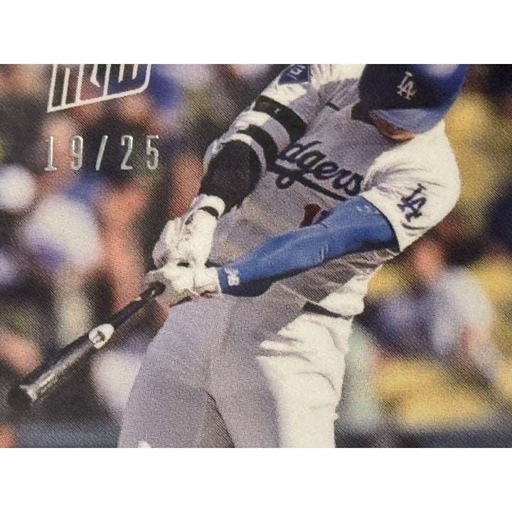 19/25 trading card featuring Shohei Ohtani and Mookie Betts back-to-back 2024 Topps Now Dodgers baseball card
