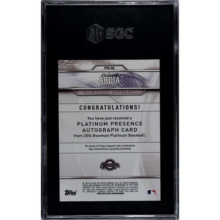 2016 Bowman Platinum Presence Orlando Arcia auto green parallel card graded 9 Milwaukee Brewers