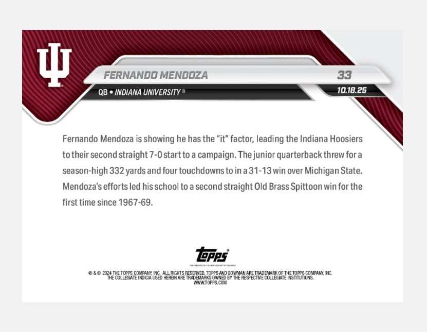 2025 Bowman U Topps Now Fernando Mendoza Indiana QB football card limited edition