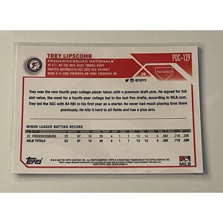 2023 Topps Pro Debut Chrome Trey Lipscomb Fredericksburg Nationals rookie baseball card in protective sleeve