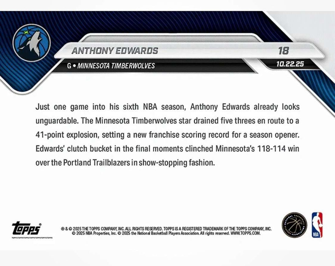 2024 Topps Now Anthony Edwards NBA card with 41 points clutch dagger and record-breaking night design