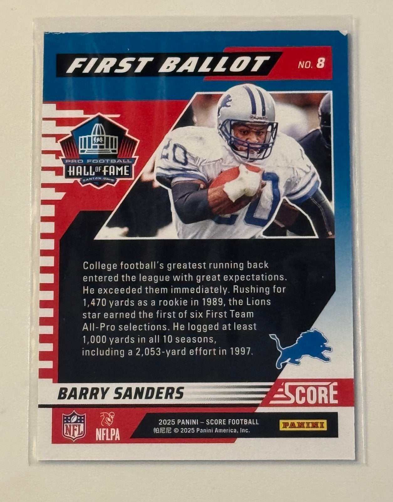 2025 Panini Score First Ballot Barry Sanders Detroit Lions Hall of Fame rookie card
