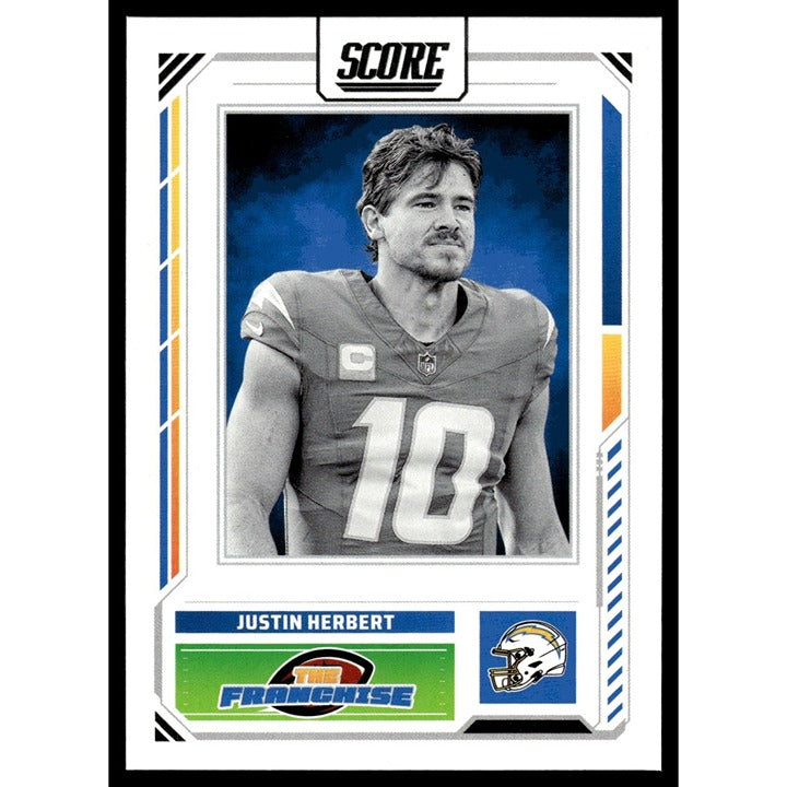 2025 Panini Score Justin Herbert NFL football card number 18 near mint condition San Diego Chargers