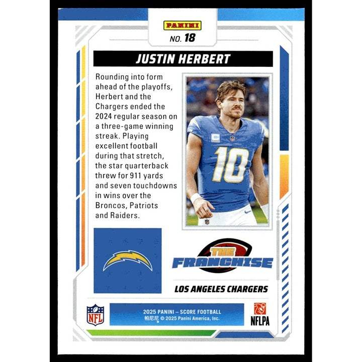 Justin Herbert 2025 Panini Score NFL football card near mint San Diego Chargers
