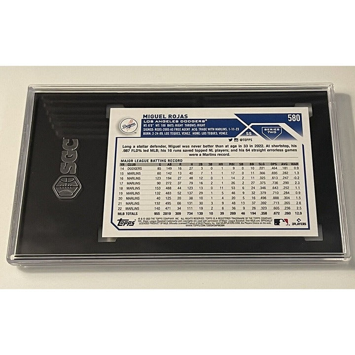 Miguel Rojas 2023 Topps Series 2 Gold Parallel graded MLB card in protective case