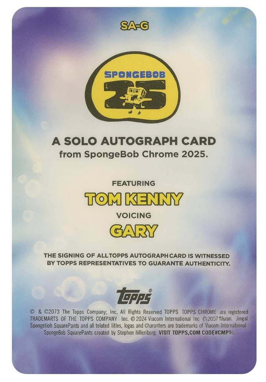 TOM KENNY Topps Chrome 40/50 AUTOGRAPH GOLD TOM KENNY 2025 Topps Chrome REFRACTOR - SpongeBob Gary Card