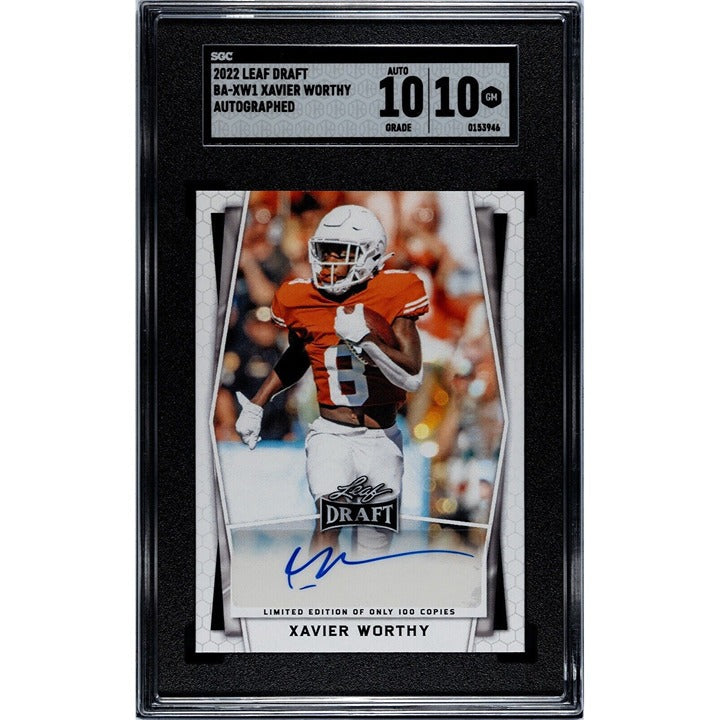 Xavier Worthy RC Auto 2022 Leaf Draft limited edition rookie card graded SGC 10 GEM Mint with autograph and Texas Longhorns logo