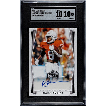 Xavier Worthy RC Auto 2022 Leaf Draft limited edition rookie card graded SGC 10 GEM Mint with autograph and Texas Longhorns logo