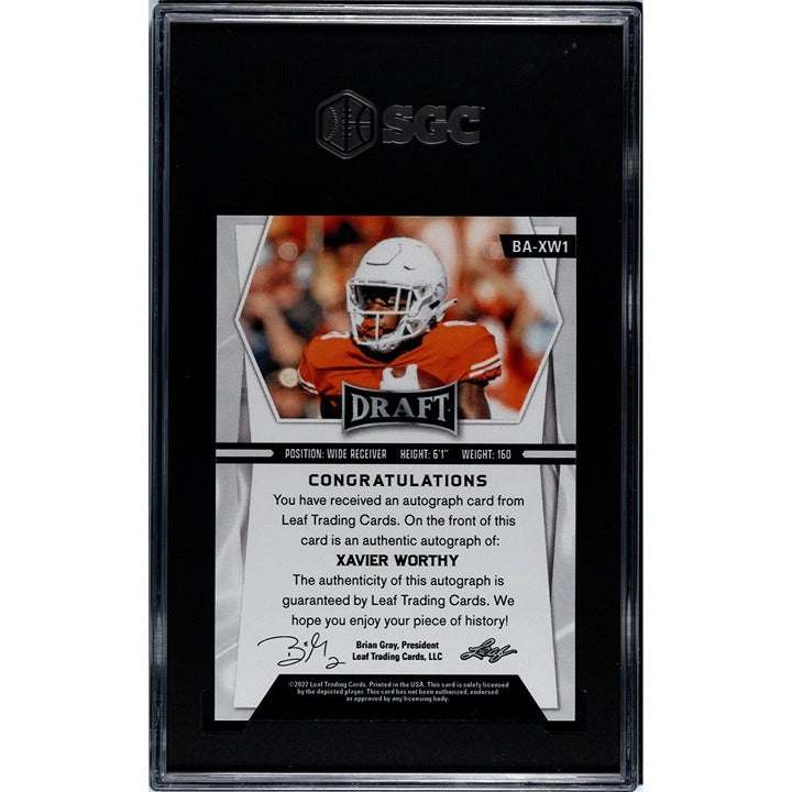 Limited edition Xavier Worthy RC Auto 2022 Leaf Draft SGC 10 gem mint rookie card with autograph