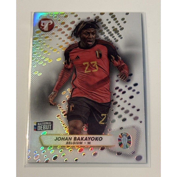 Johan Bakayoko 2023 Topps Pristine UEFA EURO 2024 refractor debut trading card in Belgium national team uniform
