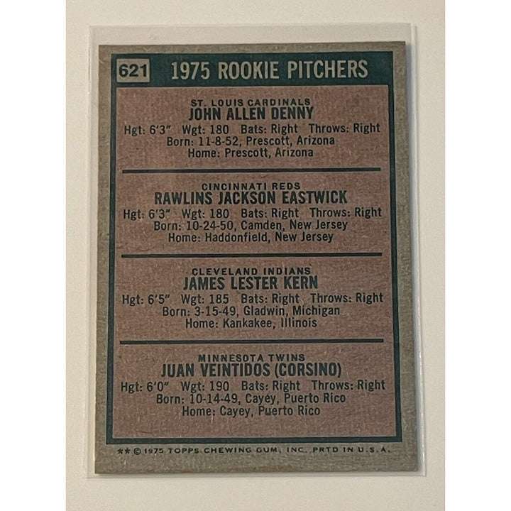 1975 Topps Baseball rookie pitchers card featuring John Denny, Rawly Eastwick, Jim Kern, and Juan Veintidos
