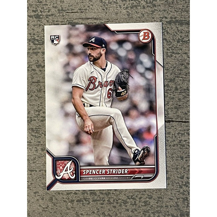 Spencer Strider RC 2022 Bowman Rookie Card #41 Atlanta Braves pitcher with 192 Ks and 125 IP in near mint condition
