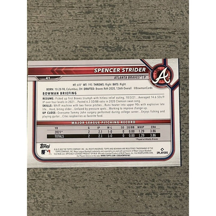Spencer Strider RC 2022 Bowman Rookie Card Braves #41 with pitching stats front
