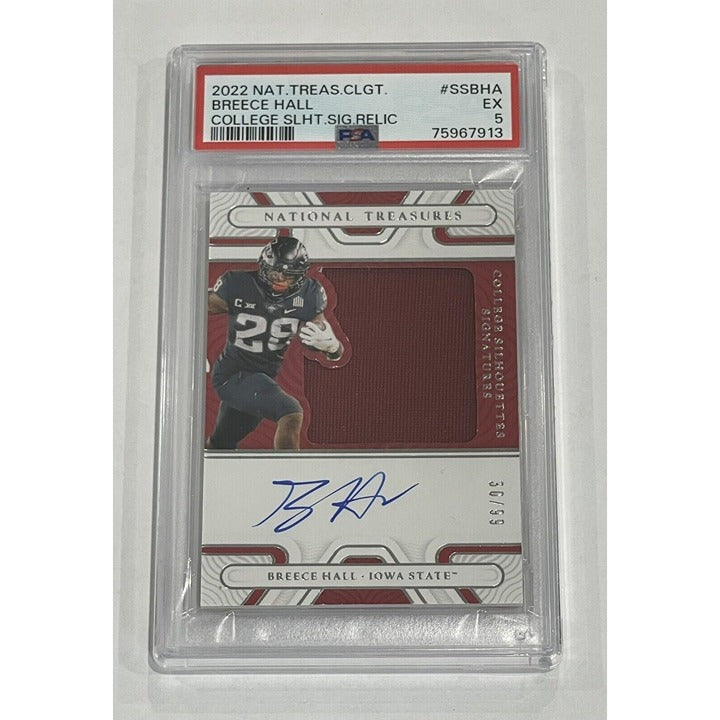 2022  National Treasures Collegiate - Breece Hall RC Auto 30/99 State/Jets PSA 5