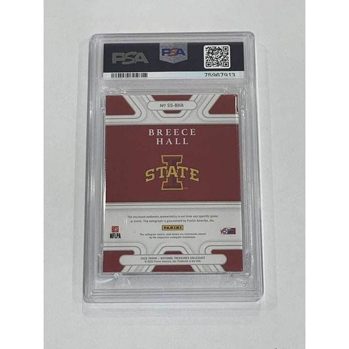 2022 National Treasures Collegiate Breece Hall RC Auto card graded PSA 5 with autograph and memorabilia patch