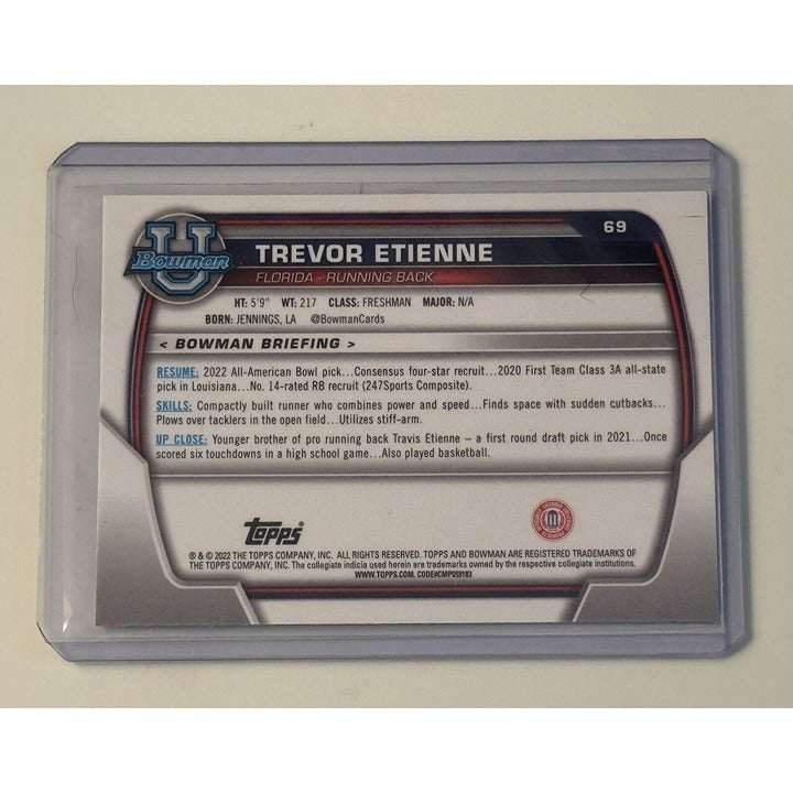 Trevor Etienne 2022 1st Bowman University Chrome rookie card in protective case with Florida Gators football design