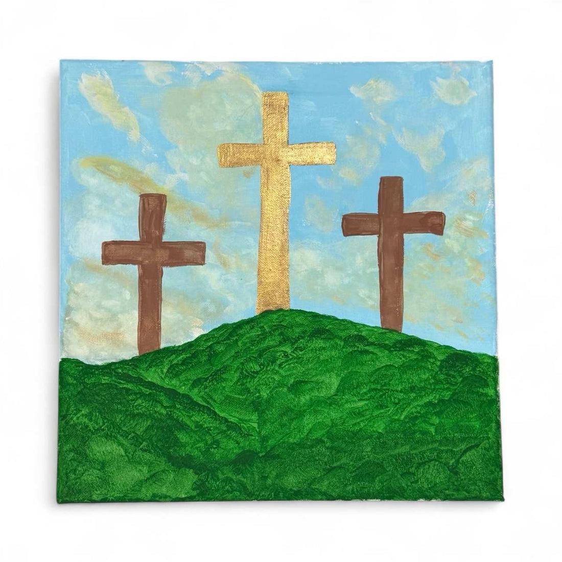Original hand painted 12x12 canvas with three crosses on Gold Hill Christian artwork unframed