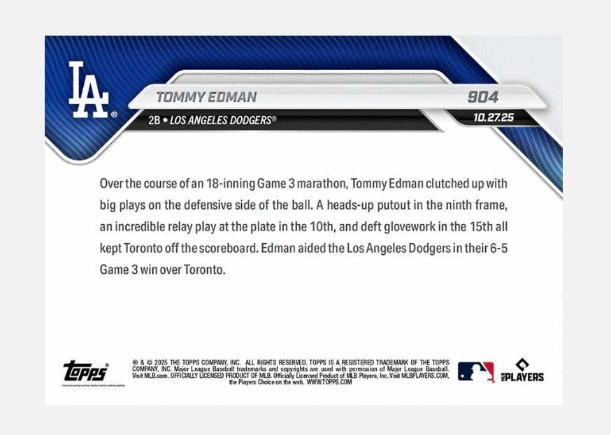 Tommy Edman 2025 Topps NOW Dodgers World Series Game 3 collectible card with key defensive plays