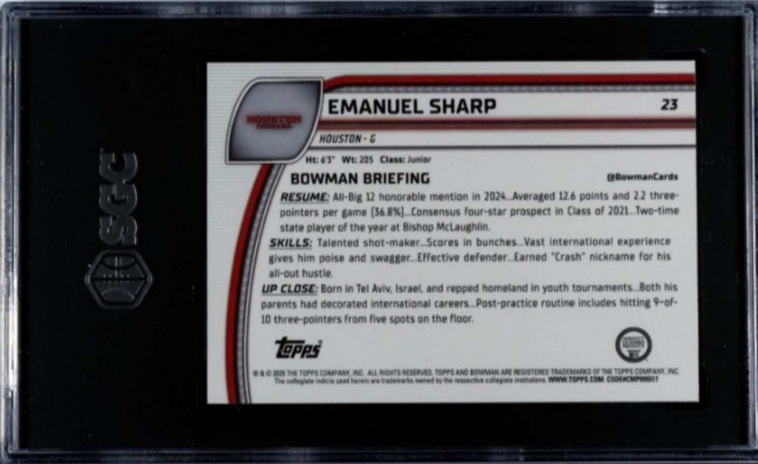 2024-25 Emanuel Sharp RC Bowman Chrome U Wave Refractor basketball card SGC 9.5