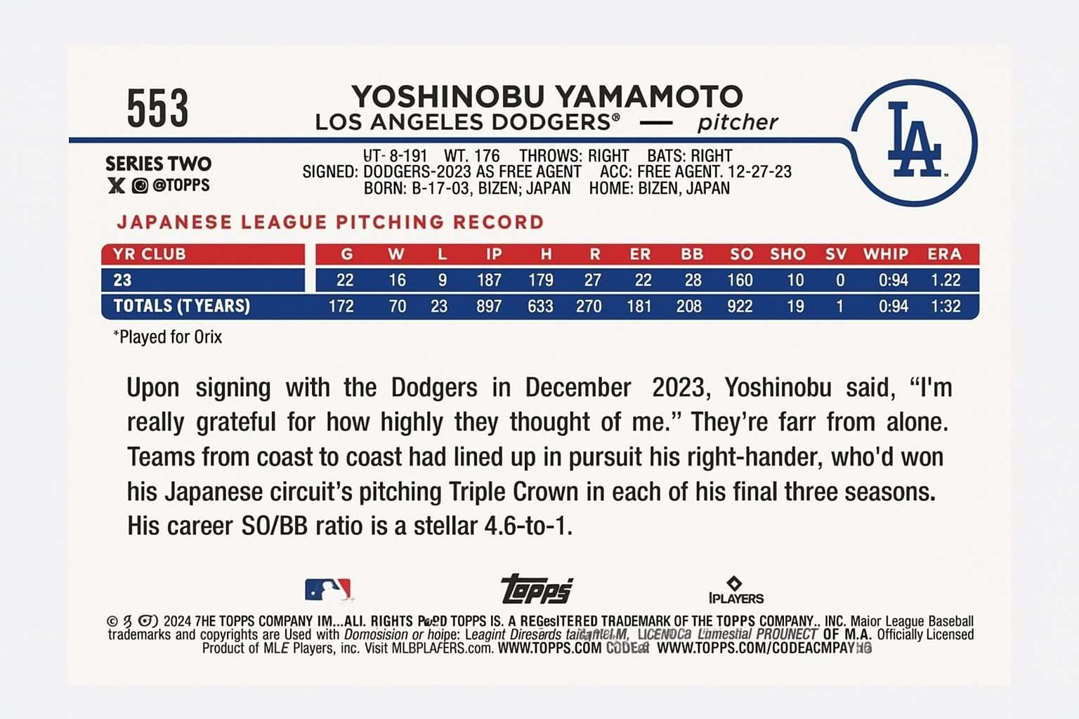 Yoshinobu Yamamoto 2024 Topps Series 2 rookie card with Dodgers logo and pitching stats