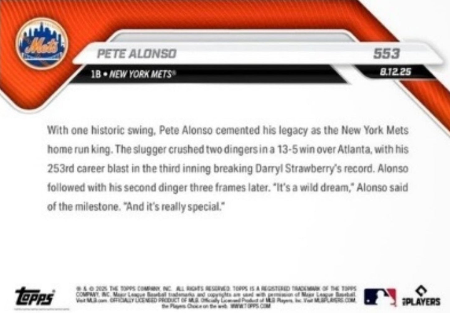 Pete Alonso - HOME RUN KING MLB New York Mets - 2025 Topps Now - Card #553