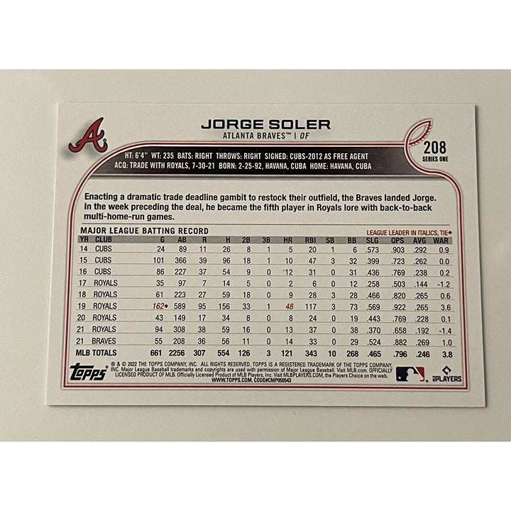 2022 Topps baseball card of Jorge Soler in Atlanta Braves uniform batting