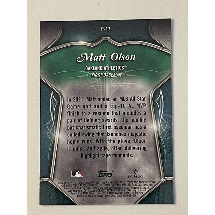 Matt Olson 2022 Topps Chrome Pinstriped Insert baseball card Oakland Athletics P-17