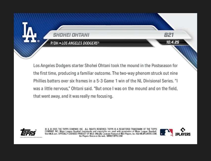 Shohei Ohtani 2025 Topps Now #821 LA Dodgers MLB postseason pitching debut card back view