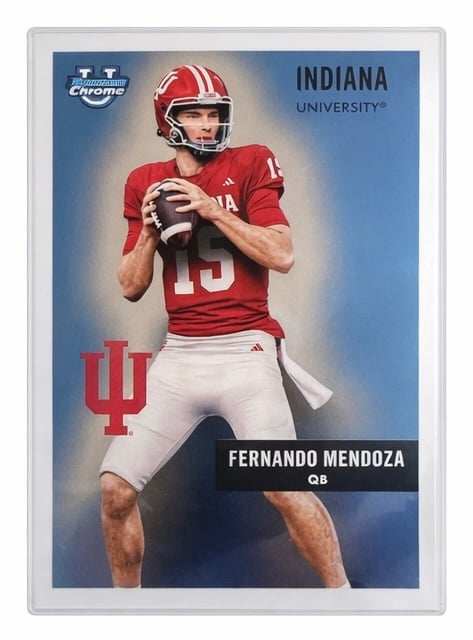 Fernando Mendoza 2025 Bowman Chrome Indiana QB rookie card in protective sleeve