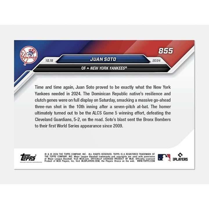 Juan Soto 2024 Topps Now ALCS trading card hitting home run for Yankees to World Series