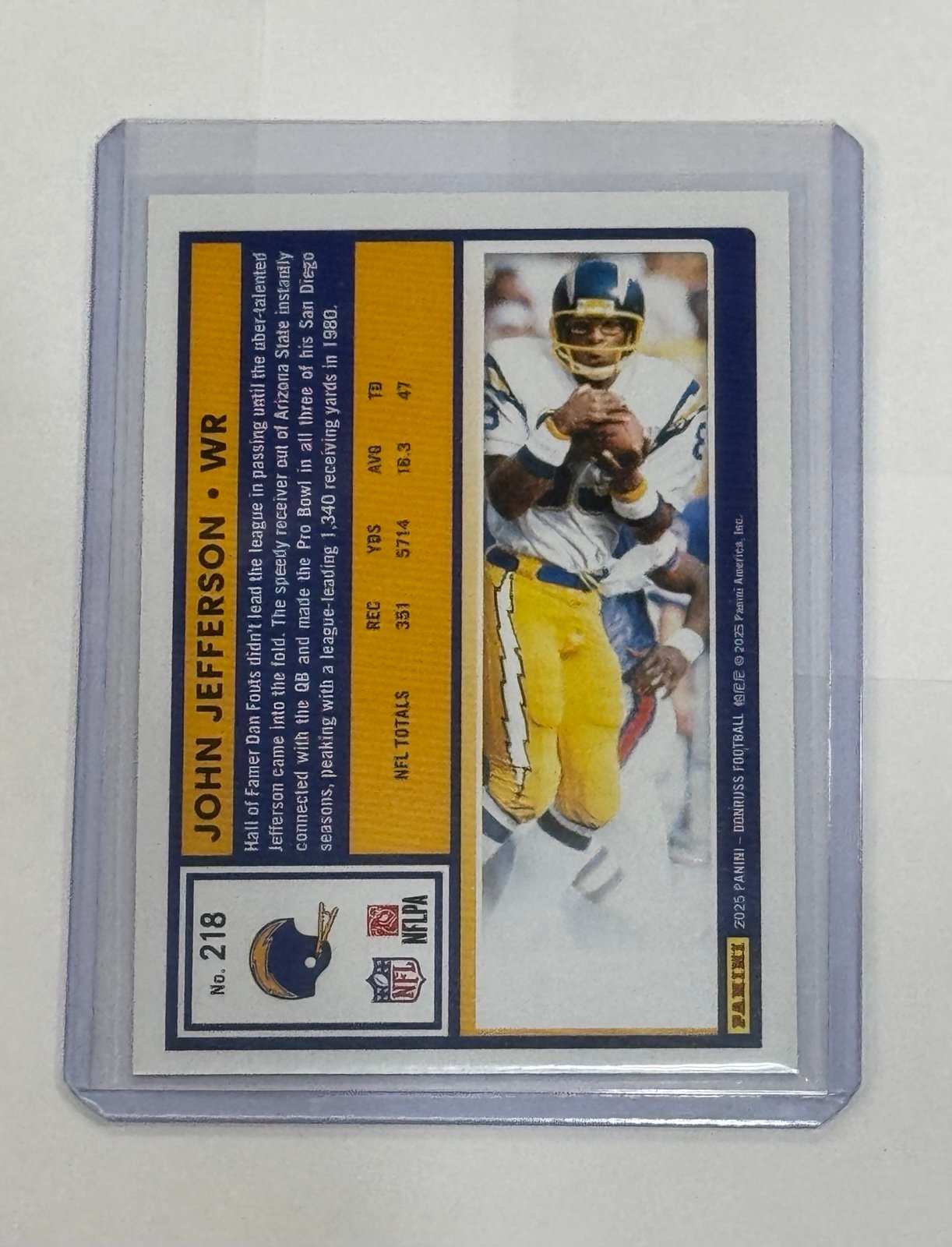 John Jefferson Mint 2025 Donruss Press Proof NFL Chargers WR card #218 in protective sleeve