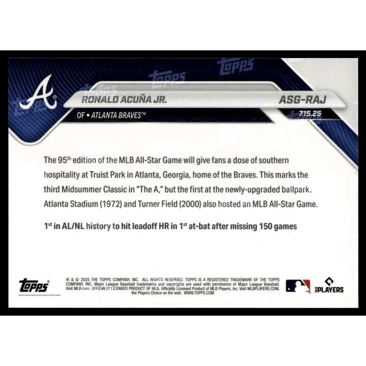 Ronald Acuna Jr 2025 MLB All-Star Game baseball card swinging bat in Atlanta Braves uniform