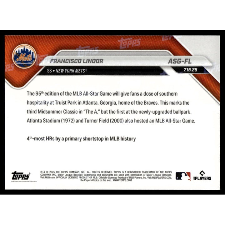 Limited Edition 2025 Topps NOW Francisco Lindor Mets ASG baseball card back view