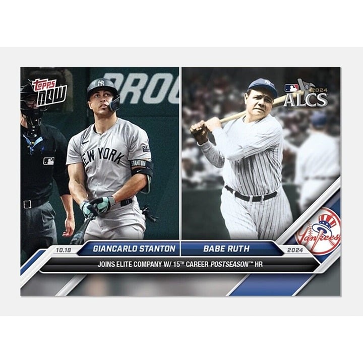 2024 Topps Now baseball card featuring Giancarlo Stanton and Babe Ruth with Yankees logo and limited edition details