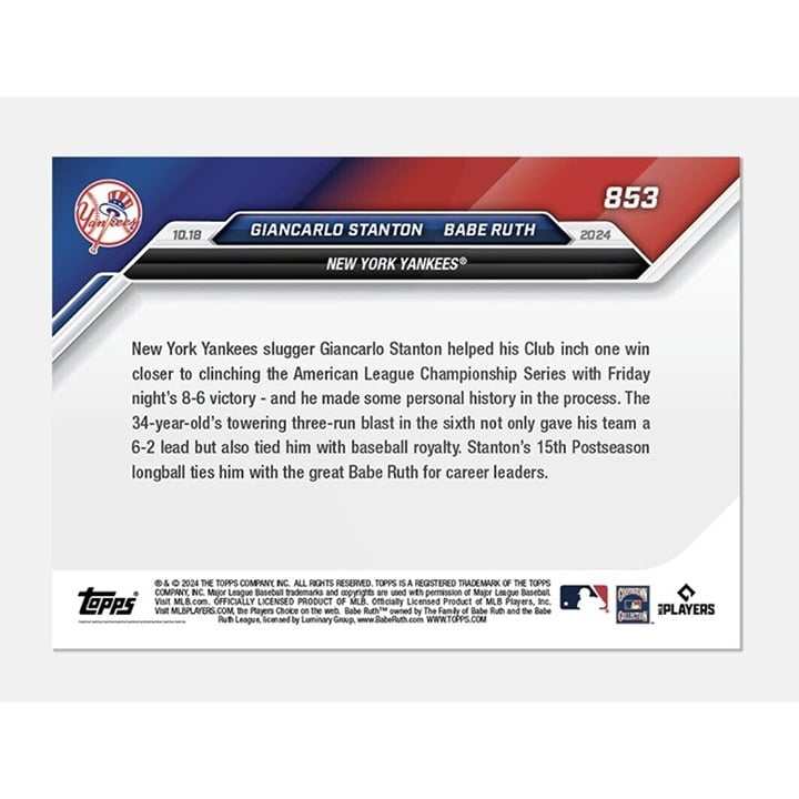 2024 Topps Now baseball card featuring Giancarlo Stanton and Babe Ruth New York Yankees limited edition sports memorabilia
