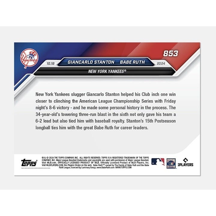 2024 Topps Now limited edition Stan Musial and Babe Ruth NY Yankees baseball trading card number 853