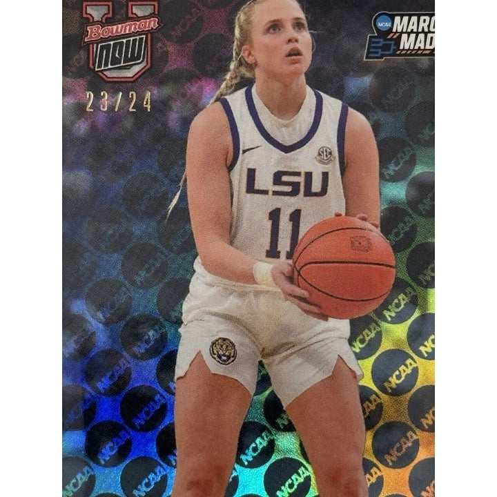 23/24 Hailey Van Lith 2024 Bowman U Now NCAA March Madness basketball card featuring LSU player in action