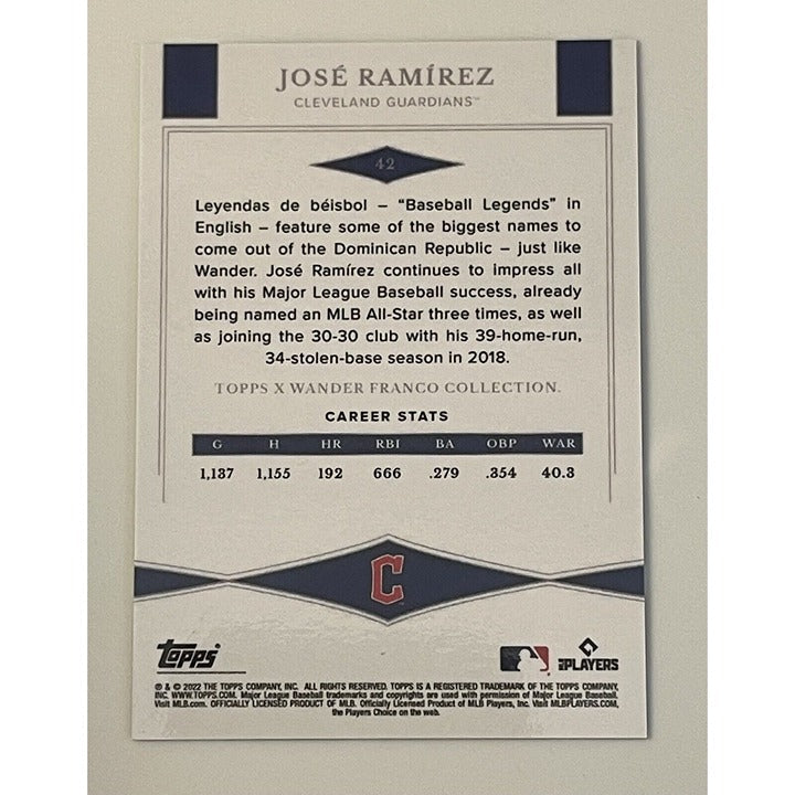 Jose Ramirez 2022 Topps X Wander Franco Leyendas de Beisbol baseball card back Cleveland Guardians stats