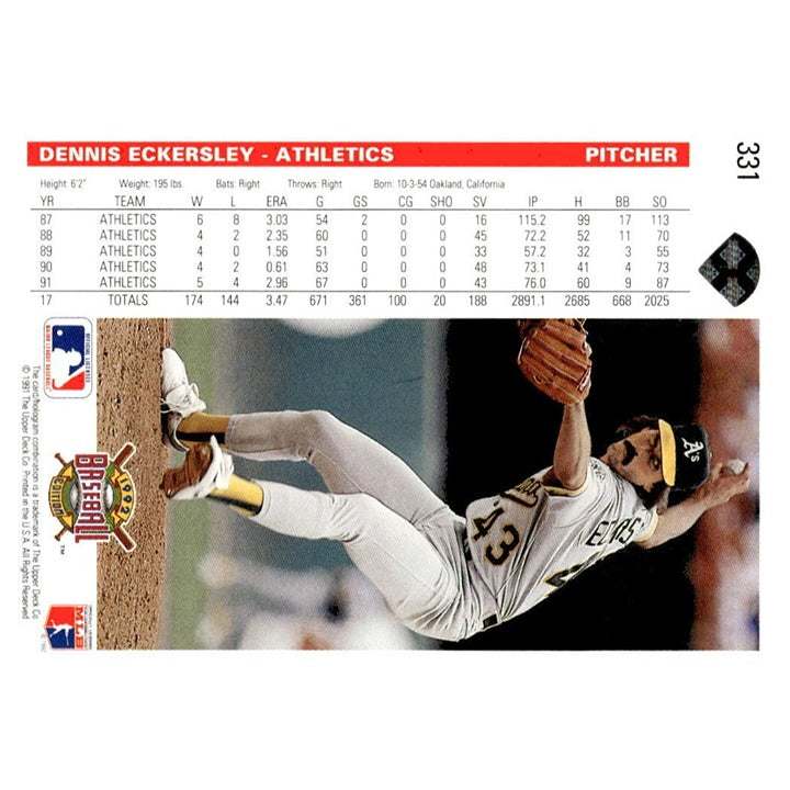 1992 Upper Deck baseball card of Dennis Eckersley in Oakland Athletics uniform in action pose