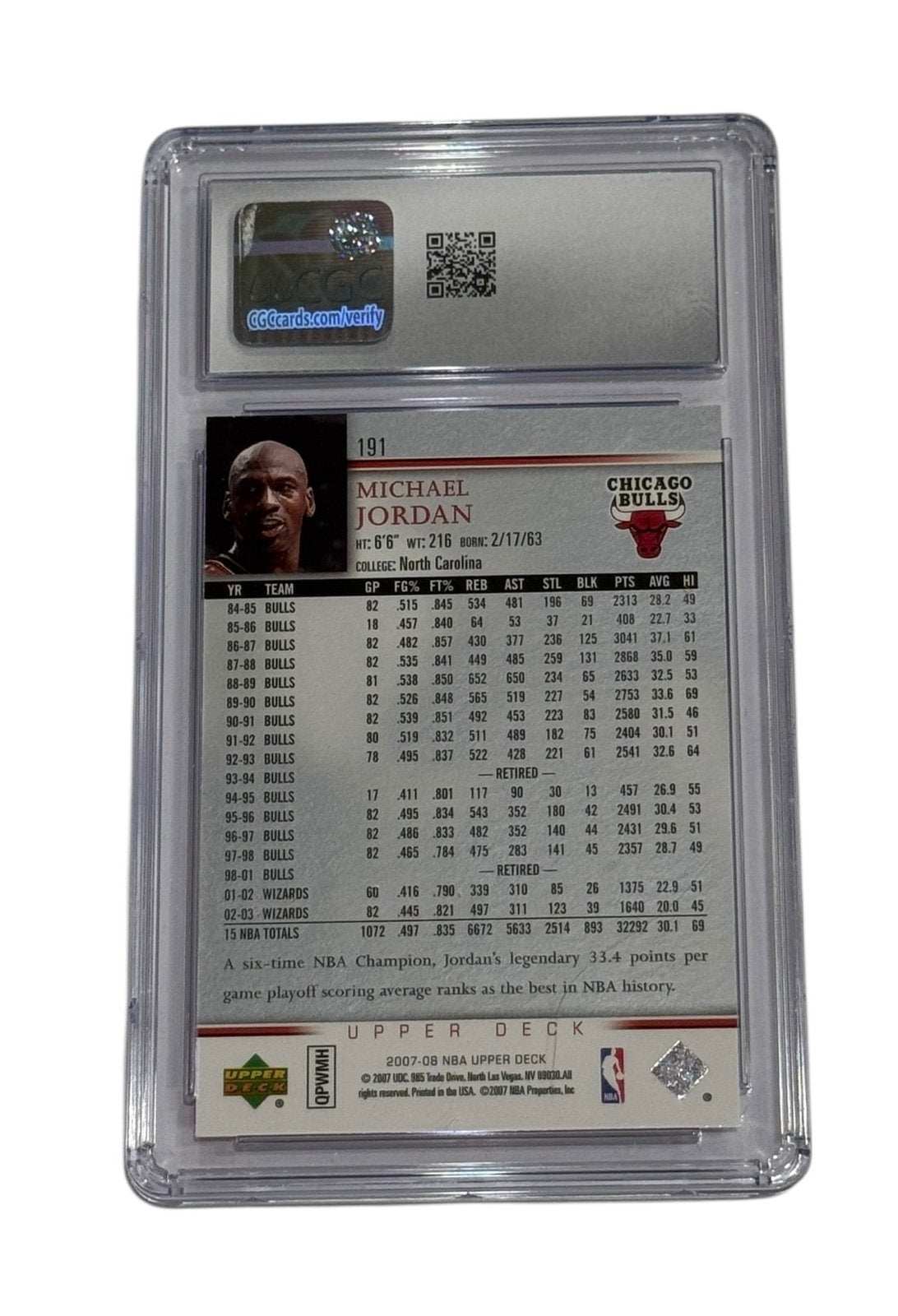 2007 Upper Deck Michael Jordan #191 CSG 9 Mint Chicago Bulls basketball card back view