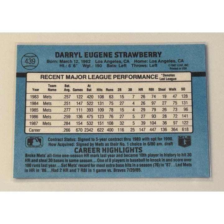 1989 Donruss Darryl Strawberry baseball card, NY Mets, mint condition, HOF insert, card number 439
