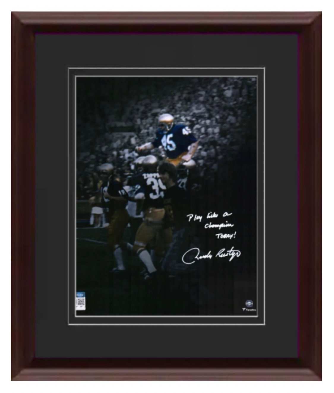 Framed signed Notre Dame photo by RUDY Ruettiger with Play Like a Champion Today inscription