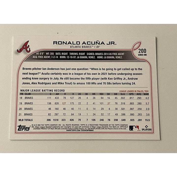2022 Topps Series 1 Ronald Acuna Jr. MLB Atlanta Braves baseball card #200 limited edition 40/70