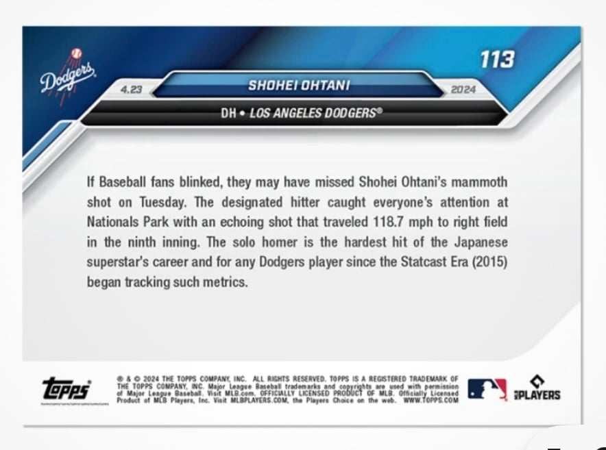 2024 Topps Now Shohei Ohtani Los Angeles Dodgers hardest hit home run baseball card