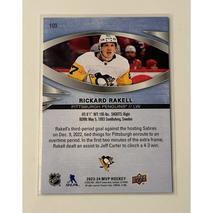 Rickard Rakell 2023-24 Upper Deck MVP NHL Pittsburgh Penguins hockey trading card back view