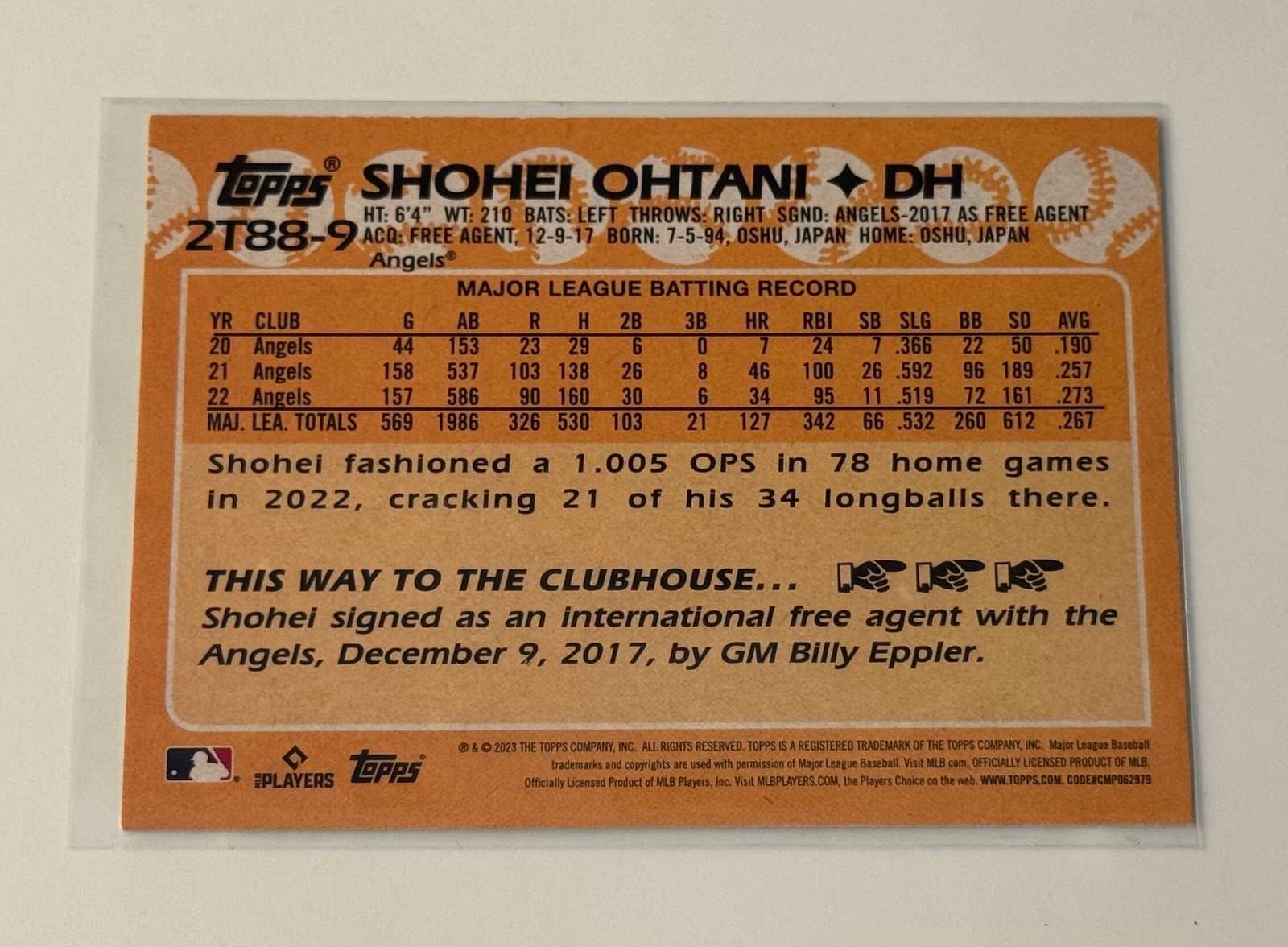 2023 Topps Shohei Ohtani baseball card MLB Angels Dodgers raw back view