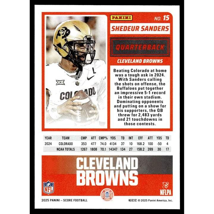 Shedeur Sanders RC 2025 Panini Score NFL Football Card near mint condition quarterback action