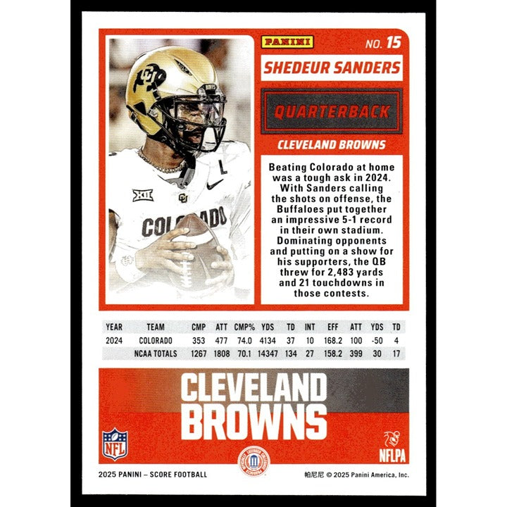 Shedeur Sanders RC 2025 Panini Score NFL Football Card No. 15 Cleveland Browns near mint condition